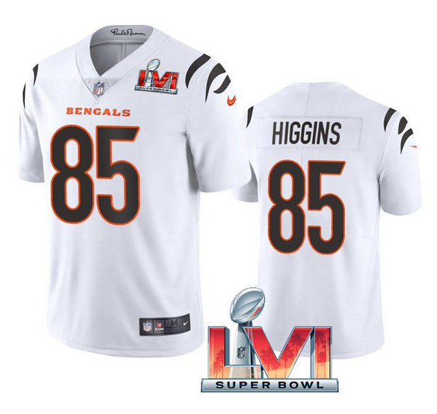 Men's Cincinnati Bengals #85 Tee Higgins 2022 White Super Bowl LVI Vapor Limited Stitched Jersey Men's Cincinnati Bengals #85 Tee Higgins 2022 White Super Bowl LVI Vapor Limited Stitched Jersey